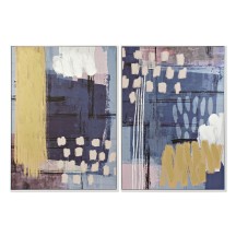 Tableau Toile MODERNE bleu/ocre/rose/blanc avec encadrement