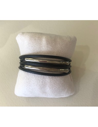 Bracelet homme en cuir 5 brins 2 tubes métal