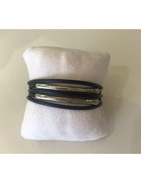 Bracelet homme en cuir 5 brins 2 tubes métal