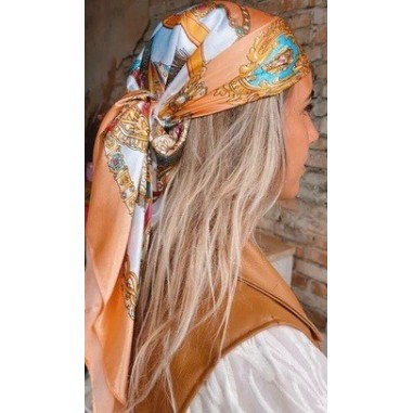 Foulard bandana satin pêche turquoise