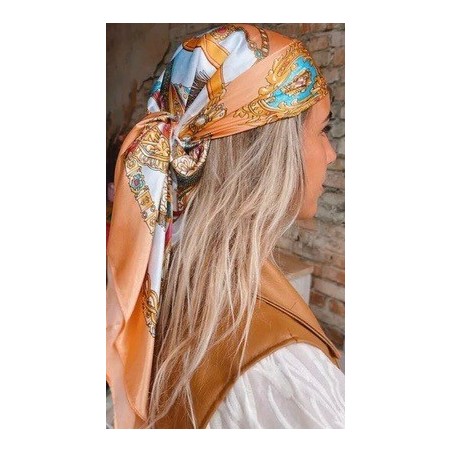 Foulard bandana satin pêche turquoise