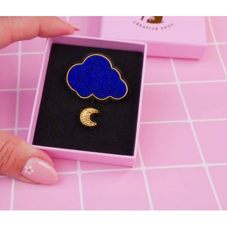 Broche Nuage & Lune fait main broderie cannetille