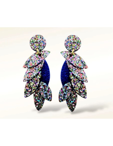 Boucles d'oreilles COLIBRI GLITTER en cuir/ Bleu Métallisé
