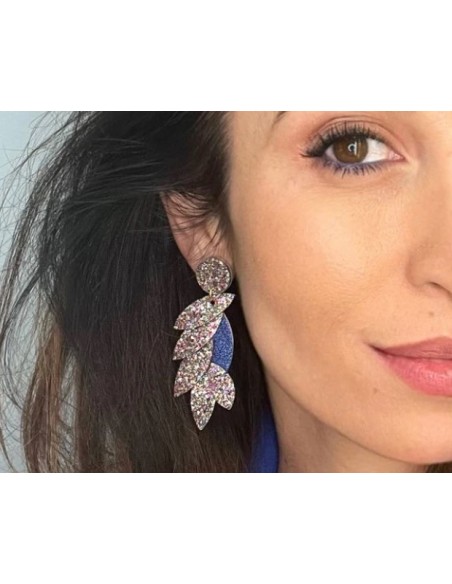 Boucles d'oreilles COLIBRI GLITTER en cuir/ Bleu Métallisé