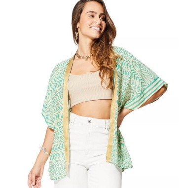 KIMONO Façon veste été courte manches courtes (crème, vert, or)