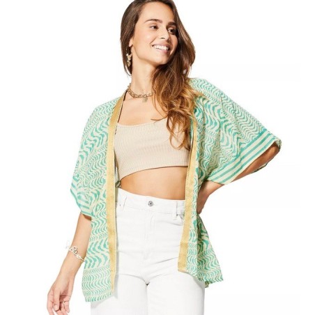 KIMONO Façon veste été courte manches courtes (crème, vert, or)