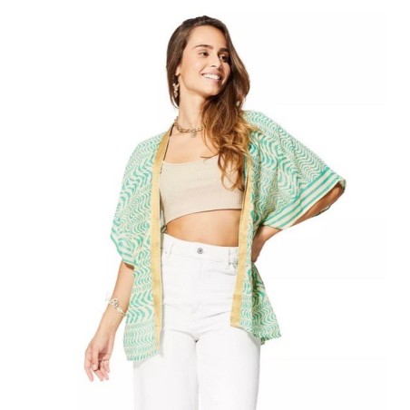 KIMONO Façon veste été courte manches courtes (crème, vert, or)