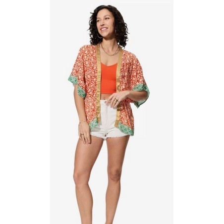 KIMONO Façon veste été courte manches courtes (crème, vert, orange, or)