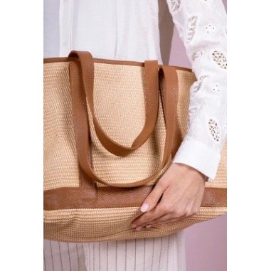 Sac en cuir et Raphia SATINE couleur Cognac