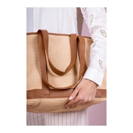 Sac en cuir et Raphia SATINE couleur Cognac