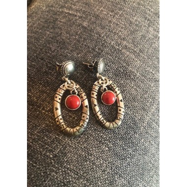 Boucles d'oreilles Ovales Pampille Pierre rouge