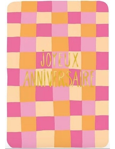 Joyeux anniversaire Damier rose- Carte double avec enveloppe 17x12cm