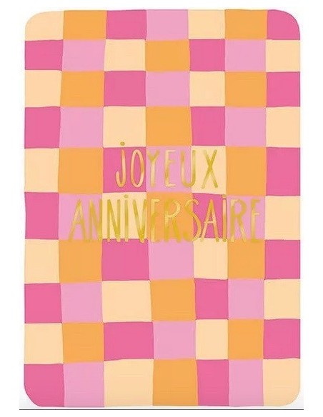 Joyeux anniversaire Damier rose- Carte double avec enveloppe 17x12cm