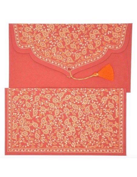 Enveloppe Cadeau en coton 19x10cm - Collection TAJ - Rouge/Orange avec une carte d'écriture